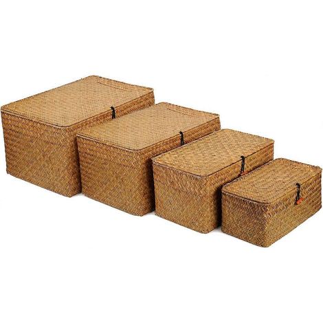 Panier de rangement en osier avec couvercles panier en jonc de mer boîte tressée étagère de rangement en rotin lot de 4 (1/5)