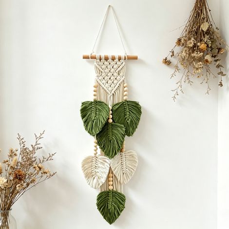 Décoration Murale Macramé en Coton Tressé, Feuilles et Perles en Bois, 20 × 63 cm, Suspension Bohème pour Salon, Chambre et Entrée (1/5)