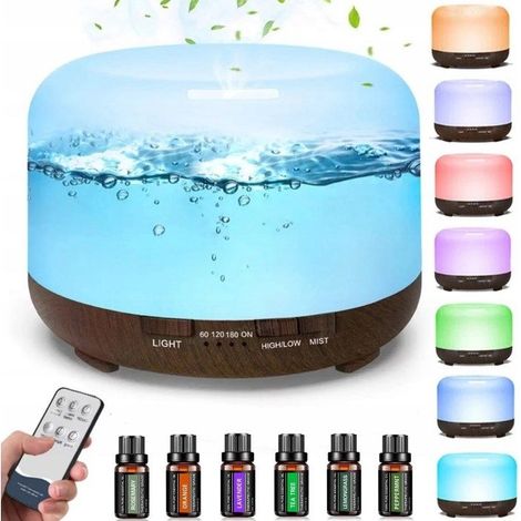 500-ml-Diffusor für ätherische Öle mit 7-farbigem LED-Licht, Timer und Ultraschall-Luftbefeuchter inklusive 6 ätherischen Ölen (1/5)