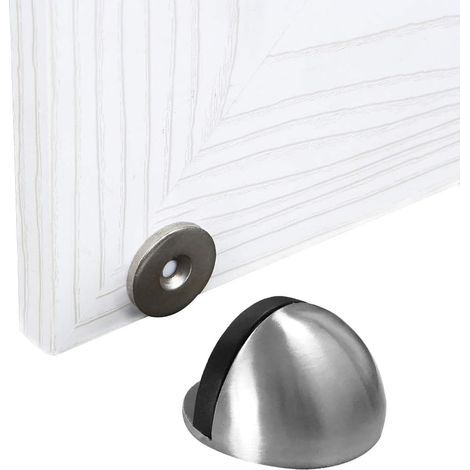 Tope magnético para puerta, tope de metal cepillado con adhesivo en la parte posterior, no requiere perforación, con tope de goma (plateado) (1/5)
