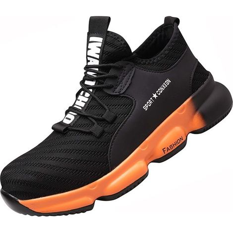 Chaussures de Sécurité pour Homme Femme, Standard S1 Embout Acier Respirant Chaussures de Travail Légère Chantiers et Industrie Basket - Noir Orange 42EU 30cm (1/5)