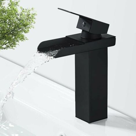 BUNTHAUS Robinetterie cascade noire mate RTGPT pour salle de bain, mitigeur lavabo en laiton avec eau chaude et froide, valve en céramique, design cascade concave, G 3/8. (1/5)