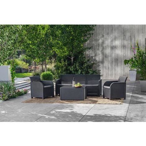 Les Tendances – Salon de jardin en résine tressée – 5 places – Table basse avec coffre – Dossiers ergonomiques – Gris graphite (1/5)