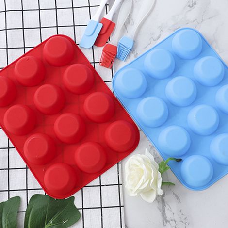 Moule à muffins rond en silicone souple, 12 pièces, démoulage facile, pour cupcakes, muffins, gélatine, savon, bougies, grand format rouge (1/5)