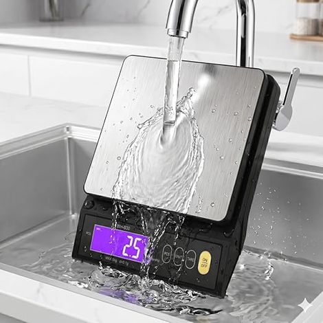 Rechargeable Waterproof Kitchen Scale, 0.1g/11kg, Food Scale with Adjustable LCD, Tare Function, Counting Parts for Pastry and Kitchen, Automatic Shut-off, Washable 304 Stainless Steel (1/5)