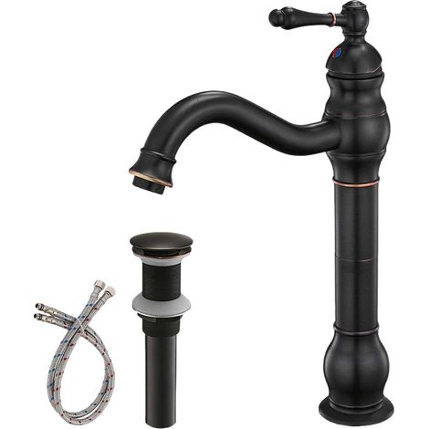 Robinet de salle de bain, robinet de lavabo monotrou pivotant à 360° avec bonde escamotable, noir (1/5)