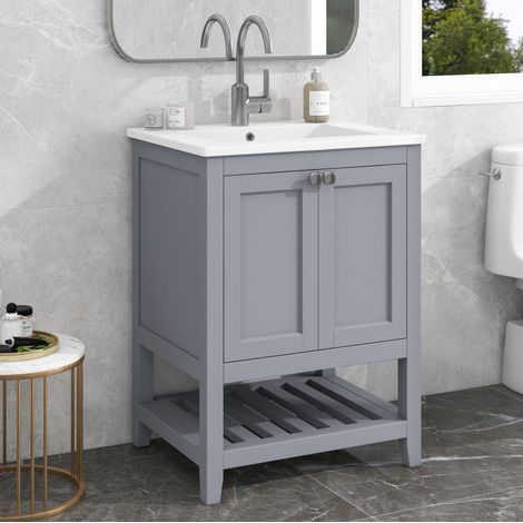 Mobile bagno con lavabo integrato in legno massello e MDF grigio e bianco, design da appoggio (1/5)