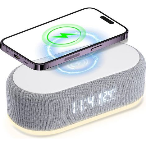 Réveil numérique quatre-en-un, chargeur sans fil, avec affichage de la lumière et de la température. (1/5)