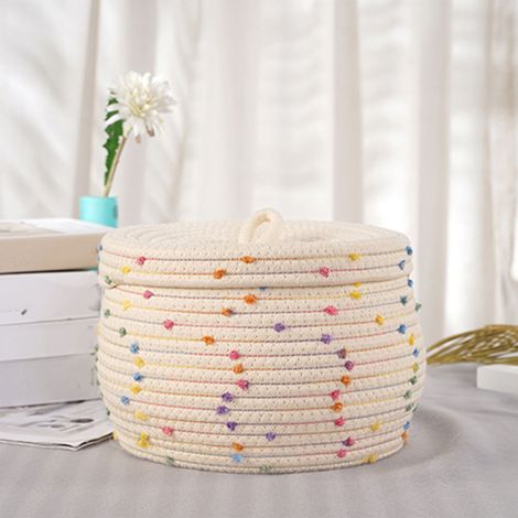 Panier de rangement en corde de coton tressée, rond, à pois décoratifs colorés, grande capacité, avec couvercle, pour linge, serviettes, jouets, œufs, petits objets. (1/5)