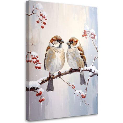 Stampe su Tela, Uccelli su un ramo in inverno e bacche di sorbo, 20x30 (1/5)