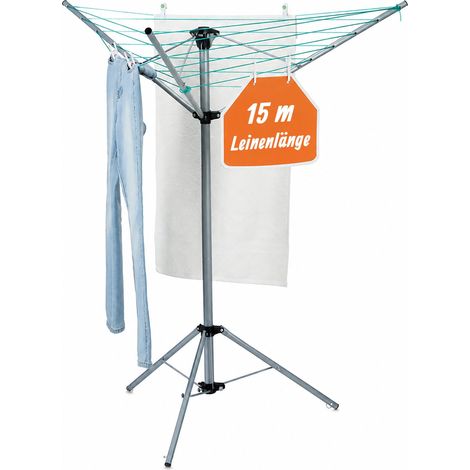 Relaxdays Wäschespinne, 15 m Leine, für Garten & Camping, klappbar, mit Standfuß, Balkon Wäscheschirm H: 140 cm, silber (1/5)