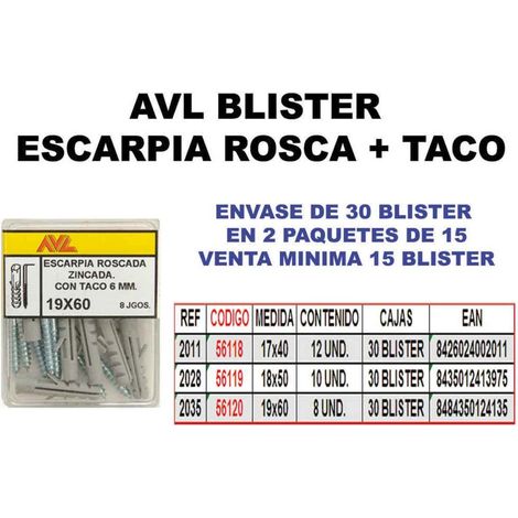 avl blister escarpia rosca zincada + taco 18x50 2028 (caja 15 unidades)