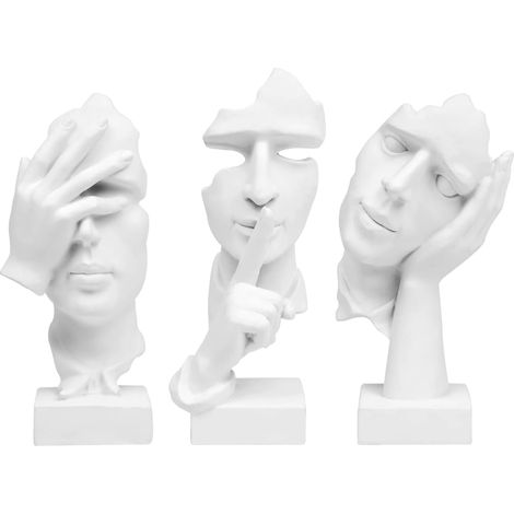 Statue de penseur 3 pièces, Le Silence est en Or Figurine d’Art Abstrait, Sculptures en résine de Maison Moderne Objets décoratifs Décor pour Bureau à Domicile Étagère Bureau (Blanc)