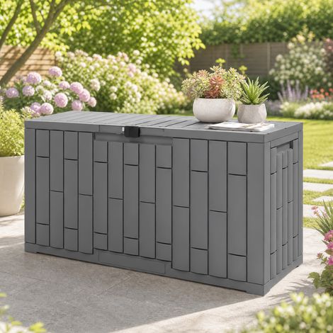 Coffre de Rangement Extérieur 227 L Verrouillable avec Vérin à Gaz, Aspect Bois, 106,5x43x54,5cm, Gris (1/5)