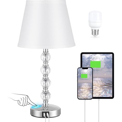 【Upgraded】Crystal Bedside Lamp, Touch Bedside Lamp with USB A+C Charging Ports, Modern Table Lamp for Bedroom, Living Room, Guest Room and Office (LED Bulb Included) (1/5)