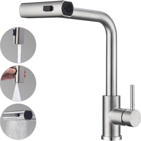 Grifo de cocina extensible con 3 tipos de rociado, grifo de fregadero con cabezal rociador extraíble, grifo de cocina giratorio de 360°, grifo mezclador de cocina de acero inoxidable cepillado. (1/4)