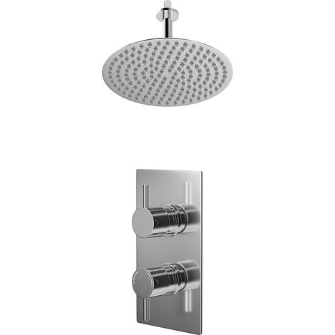 Circo Polished Chrome Concealed Twin Thermostatic Shower Valve and 300mm Thin Round Fixed Head with 150mm Ceiling Arm - 1 Outlet (1/5)
