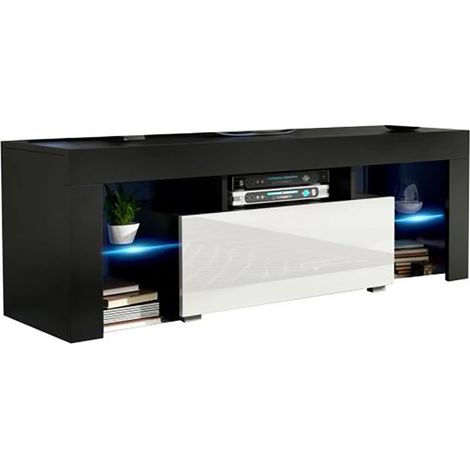 Dusine – Meuble TV Spider 130 cm – Noir mat avec porte laqué blanc – Éclairage LED intégré – Caisson en mélamine 18 mm (1/4)