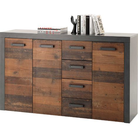 Commode Tarma 3 portes 4 tiroirs - anthracite/ancien bois (1/3)
