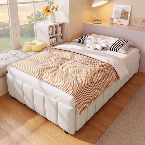 Cadre de lit rembourré 90x200 cm beige en lin avec coffre hydraulique, lit plateforme sans tête de lit, sommier inclus, sans matelas (1/5)