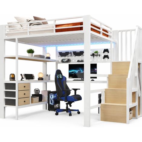 Lit mezzanine 140x200 cm en métal et MDF avec bureau, 3 tiroirs, étagère, panneau perforé, LED et prise, blanc - CHICFURN (1/5)