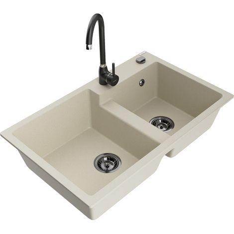 Mexen Tomas évier en granit à 2 cuves avec robinet mélangeur Telma, Beige - 6516-69-670200-70 (1/5)