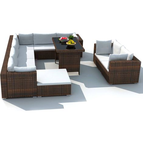 Salon de jardin 10 pcs avec coussins Résine tressée Marron vidaXL