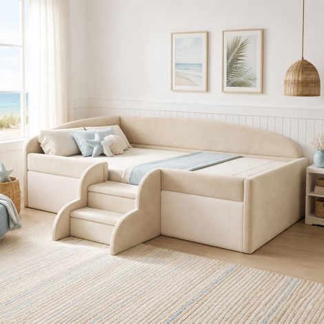 Lit enfant 90 x 190 cm rembourré en velours avec marches et barrières, beige DESVIAE (1/5)