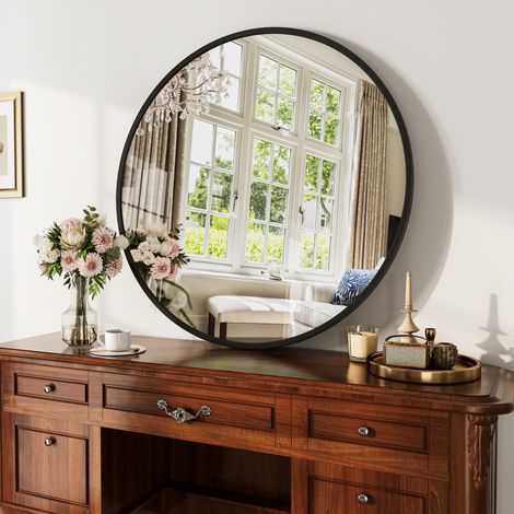Miroir Rond Ø 75 cm Miroir Mural Design Securit en Verre Trempé et Aluminium pour Salle de Bain Salon et Chambre - Noir (1/5)