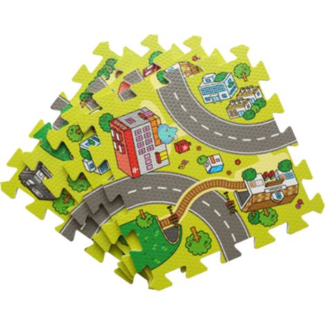 Tapis de jeu en mousse 9 pièces pour bébé, antidérapant, amortissant les chocs, avec circuit de route et puzzle, favorisant le développement cognitif de bébé (1/3)
