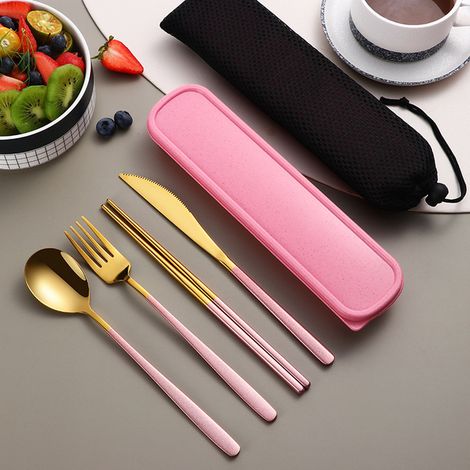 Ensemble de couverts portables en acier inoxydable 304 (rose doré), comprenant un couteau, une fourchette, une cuillère et un coffret de rangement. (1/5)