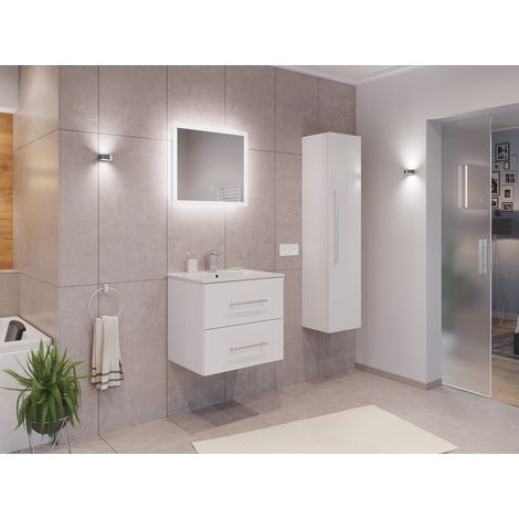 Badmöbel Set Firenze 60 3tlg. LED Spiegel und Hochschrank weiß hochglanz