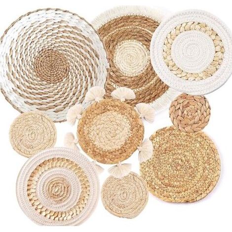 Lot de 9 paniers muraux bohèmes tissés à suspendre - Décoration murale en jonc de mer et rotin - Décoration murale ronde écologique pour ferme, chambre à coucher, salon, table de cuisine, maison (1/4)