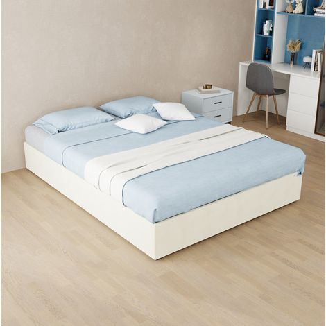 Letto imbottito moderno 140x200 cm beige, tessuto e metallo, con testiera sagomata e vano contenitore a pistone (1/5)