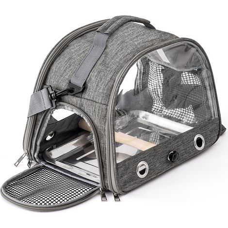 Leichter Vogelrucksack mit Holzsitzstange, Transportkäfig mit Ständer und Edelstahlwanne – grau (1/5)