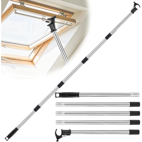 Barre télescopique de 1,86 m pour fenêtre de toit - Barre de commande : alliage d'aluminium argenté - Rallonge de poignée de fenêtre avec crochet de toit - Design segment flexible - Barre de (1/5)