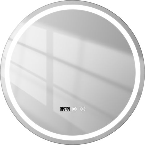 Badezimmerspiegel mit LED-Licht, stanzfreier, beschlagfreier, intelligenter Badezimmerspiegel, 60 × 60 cm, mit Zeit- und Temperaturanzeige.