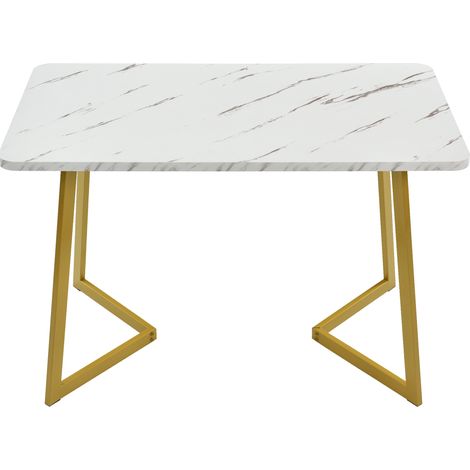 Table à manger rectangulaire 117x68 cm plateau effet marbre MDF blanc avec pieds en métal doré (1/5)