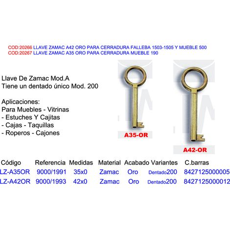 Llave Zamac A35 Oro para Cerradura de Mueble 190