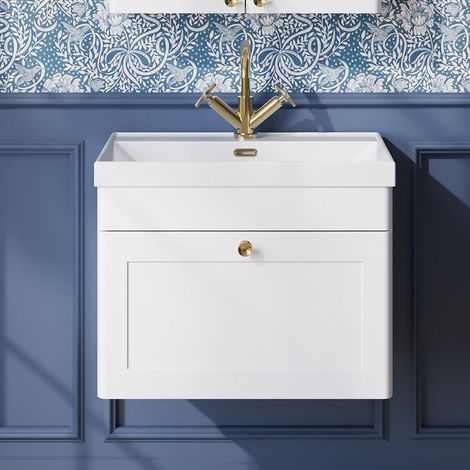 Nuie Classique Wall Hung 1-Drawer Vanity Unit with 1TH Thin-Edge Basin 600mm Wide - Satin White (1/5)