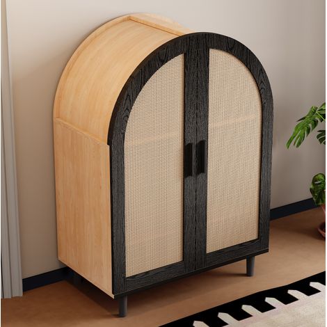 MEUBLIV Meuble à chaussures noir et bois – 2 portes en rotin ajouré, 3 étagères (1/5)