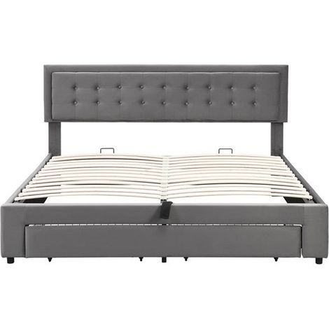Lit coffre 160x200 velours gris - lit double rembourré avec rangement hydraulique et 2 tiroirs (1/5)