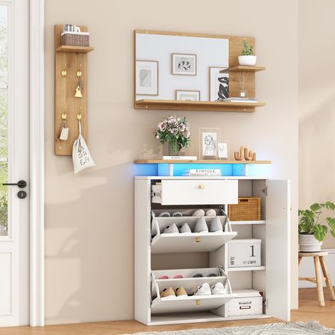 Mueble de entrada 105x25x151.5 cm incluye espejo, perchero y zapatero, iluminación LED, 4 colgadores, madera natural y color blanco (1/5)