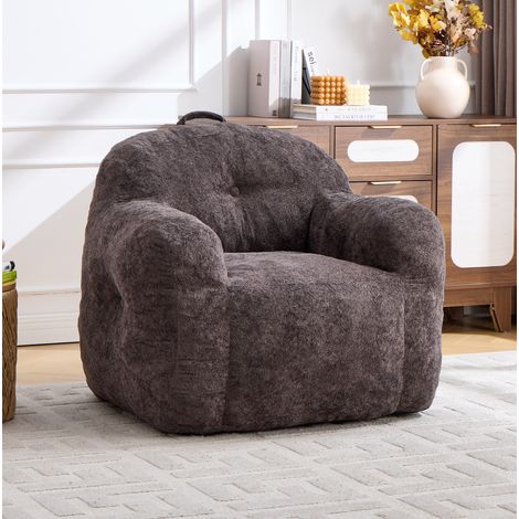 Sillón puff de felpa sintética, sin montaje, con respaldo ergonómico, relleno de espuma triturada, gris oscuro (1/5)