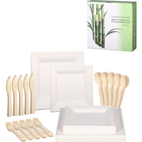 Lot de 125 assiettes carrées jetables en carton blanc très résistantes en canne à sucre pour dîner, pique-nique, camping, fête, barbecue - 25 personnes (blanc) (1/5)