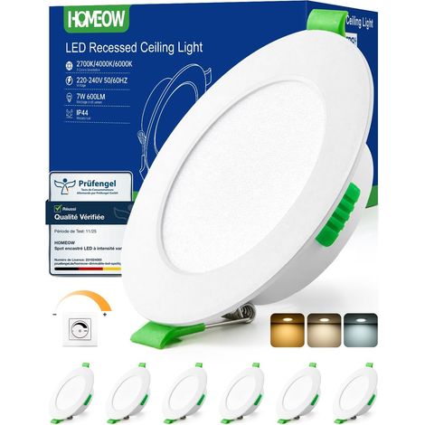 Spot LED Encastrable Dimmable 7W, 220V Spots de Plafond Extra Plat Spot Salle de Bain IP44 Etanche, Reglable Blanc Chaud 2700K Blanc Neutre 4000K Blanc Froid 6000K, Trou 75mm - 90mm, Lot de 6 (1/5)
