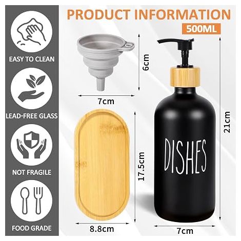Lot de 2 - Distributeur De Savon Noir Tapis Lot 500 ml En Verre De Liquide Vaisselle Flacon (1/5)
