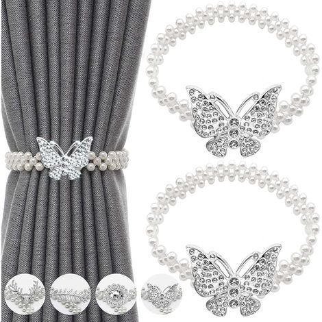 (Papillon argenté) Lot de 2 embrasses de rideaux : embrasses en métal avec un élégant cordon élastique à petites perles. Maintiennent les rideaux en place et conviennent à la décoration de la maison,