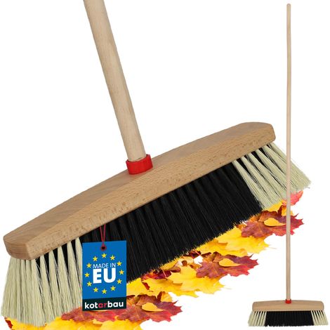 KOTARBAU® Balai Brosse 35 cm - Balai Exterieur Terrasse - avec Poils en PET - Balai avec Manche en Bois - Balai de Jardin - Noir et Beige (1/4)