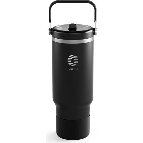 (Noir, 1200 ml) Mug à café isotherme sous vide avec couvercle à paille, en acier inoxydable, avec poignée, adapté aux voyages et à une utilisation en voiture. (1/4)